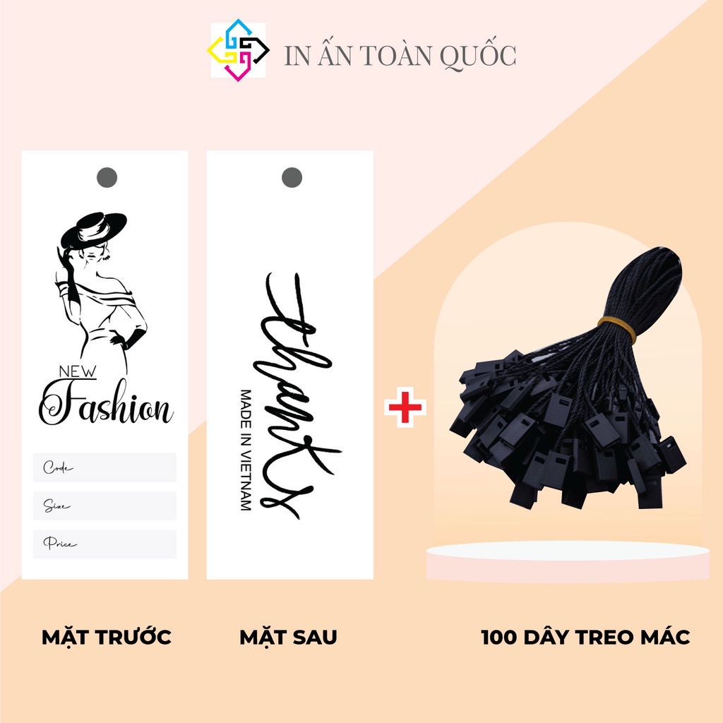 Combo Mác quần áo, nhãn tag treo quần áo - giấy bìa cứng cán màng và dây treo tag mác 100 dây + 100 mác