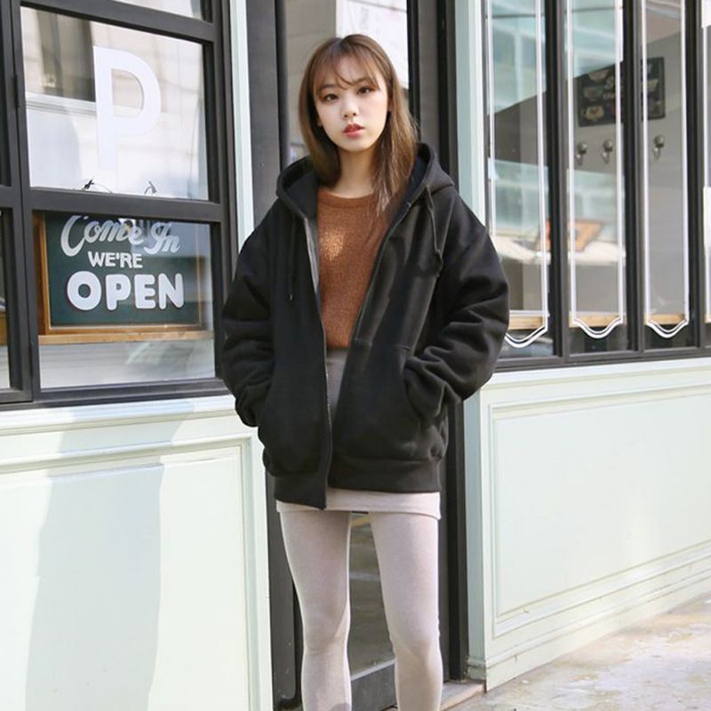 Áo Hoodies Phối Khoá Kéo Màu Trơn Thiết Kế Dáng Rộng Thoải Mái