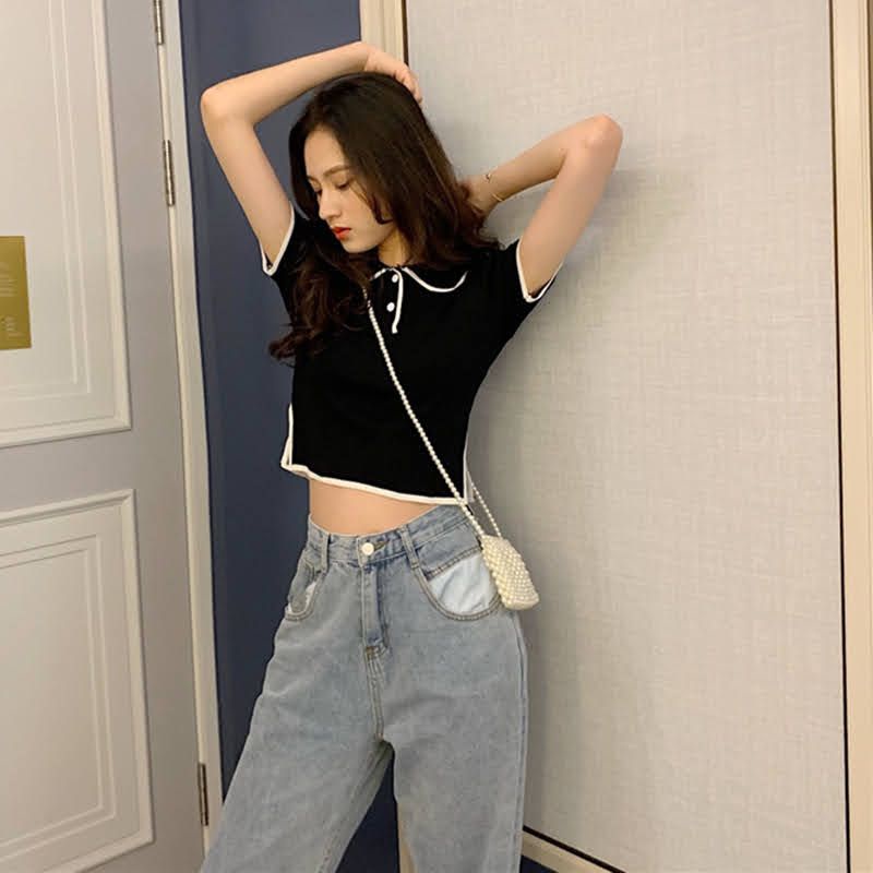 Áo TATY xẻ 2 bên cổ bẻ phối cúc thật dáng croptop nữ vải thun | BigBuy360 - bigbuy360.vn