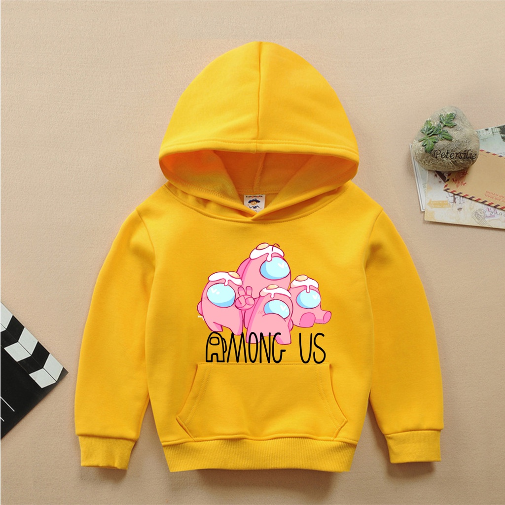 Áo hoodie among us có mũ màu vàng cho bé trai bé gái