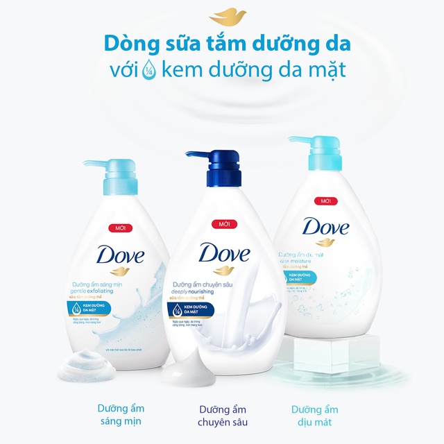 Sữa tắm dưỡng thể Dove với 1/4 kem dưỡng da mặt cho da căng bóng mịn màng 900g