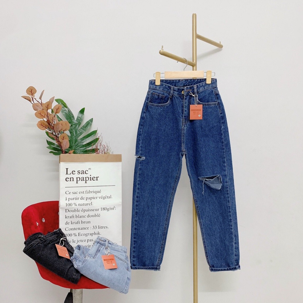 [FREESHIP_50K] Quần jean nữ baggy ống suông trơn rách gối lưng cao AnNgo - AT90
