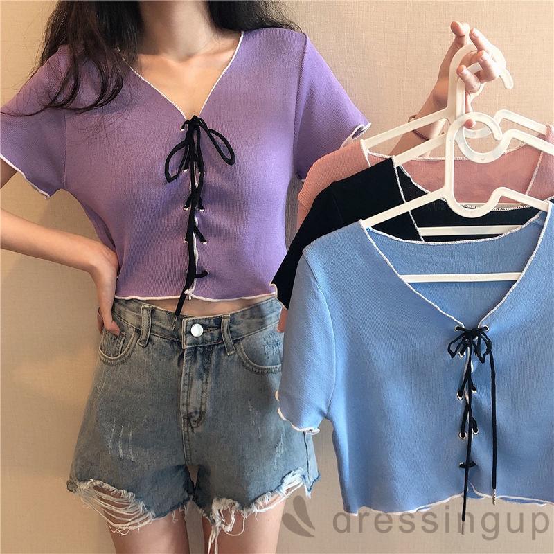 [Mã FAMAYWA giảm 10K đơn 50K] Áo Croptop Tay Ngắn Cổ Chữ V Thiết Kế Cột Dây Quyến Rũ Cho Nữ | BigBuy360 - bigbuy360.vn