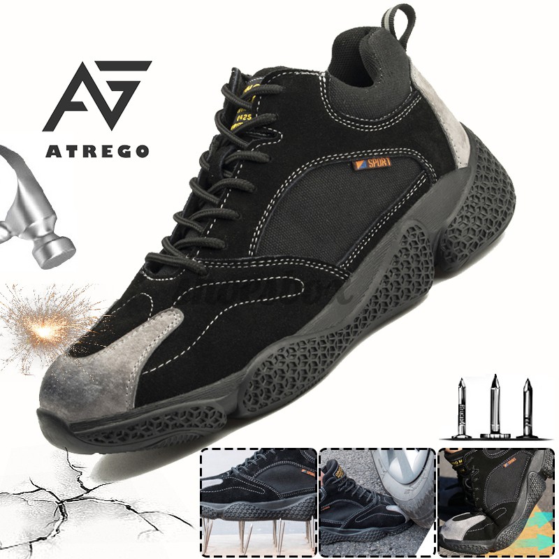 AtreGo Mens Suede Leather Work Safety Shoes Steel Toe Anti-puncture Climbing