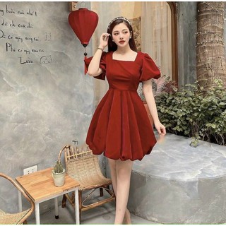 Đầm babydoll đỏ cổ vuông tay bồng