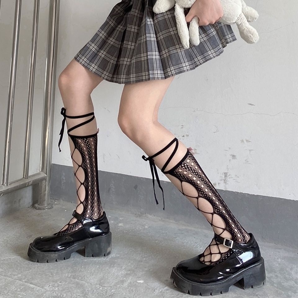 Tất Lưới Ulzzang Phong Cách Lolita, Vớ Có Băng Ren Jk Bắt Chéo Chân Ngang Gối Đen Trắng- Vintage Hàn Quốc -Iclassy_shoes