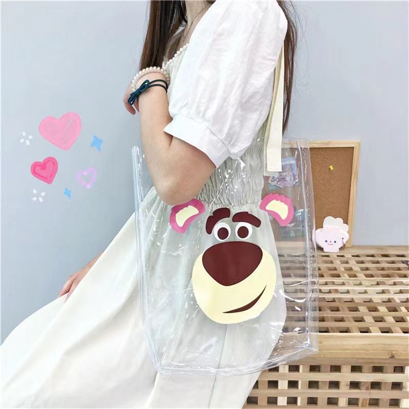 Túi tote Đeo Vai Bằng pvc Trong Suốt Chống Thấm Nước In Hình Gấu Dâu Dễ Thương Cho Học Sinh