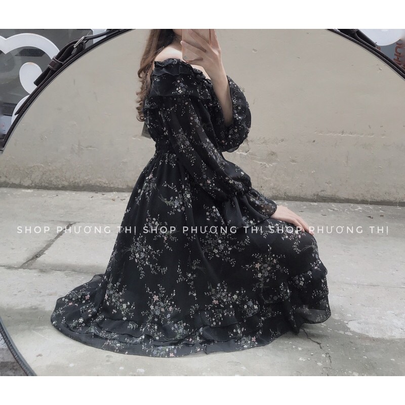 Đầm hoa nhí trễ vai hai màu (hình shop tự chụp/sẵn) | BigBuy360 - bigbuy360.vn