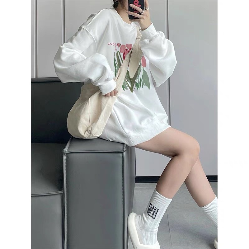 Áo nỉ sweater hoa hồng vintage oversize  Sweaters form rộng tay phồng kiểu dáng đường phố hàn quốc