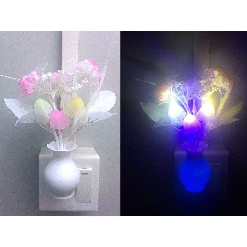 Đèn ngủ led mini cảm ứng ánh sáng thông minh hình cây nấm (đèn sáng cả bình và hoa)