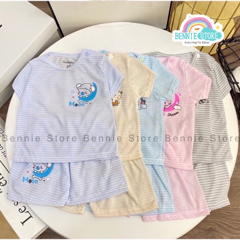 Bộ ngắn tay cho bé 4-14kg, Bộ cộc tay cotton giấy cài vai kẻ ngang Noubaby