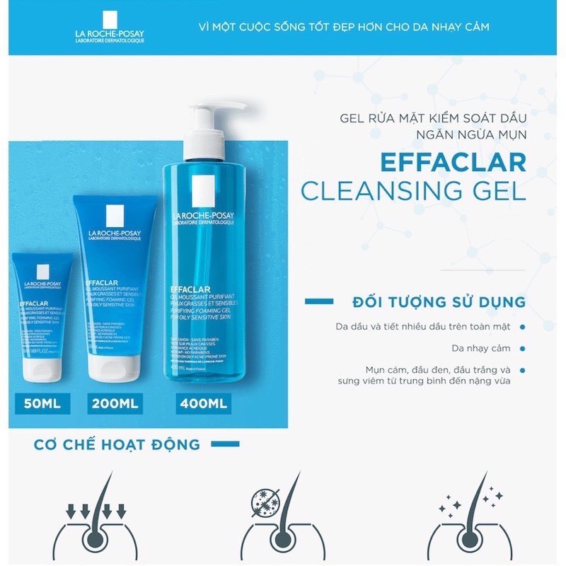 Sữa rửa mặt La Roche Posay cho da dầu nhạy cảm - Gel rửa mặt La Roche Posay Effaclar 50ml,  400ml