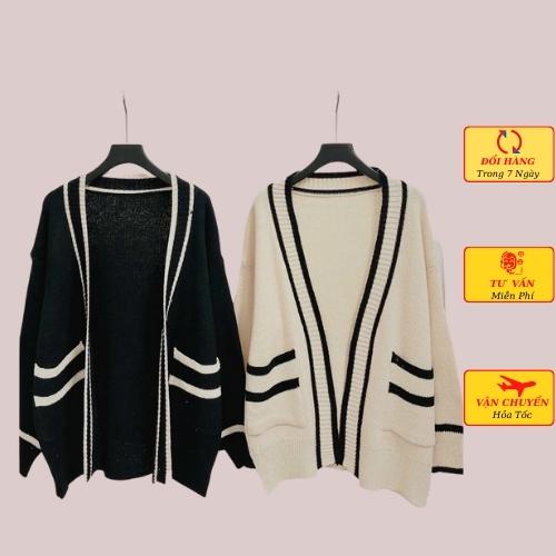 Áo cardigan len nữ oversize dáng dài phom rộng viền đen trắng ulzzang Hàn Quốc mùa thu đông