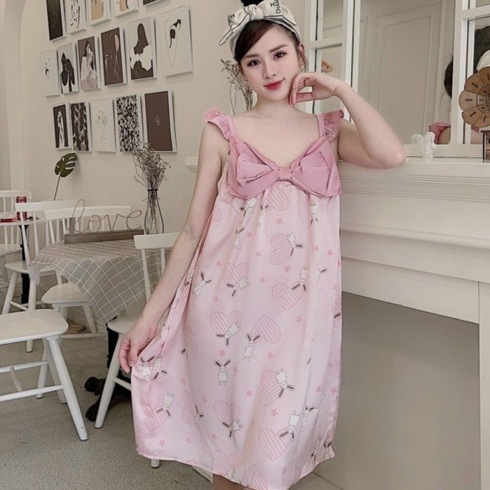 ĐẦM NGỦ 2 DÂY LỤA SATIN PHỐI NƠ NGỰC IN HÌNH SIÊU CUTE FREESIZE 40-60KG (NHIỀU MẪU)