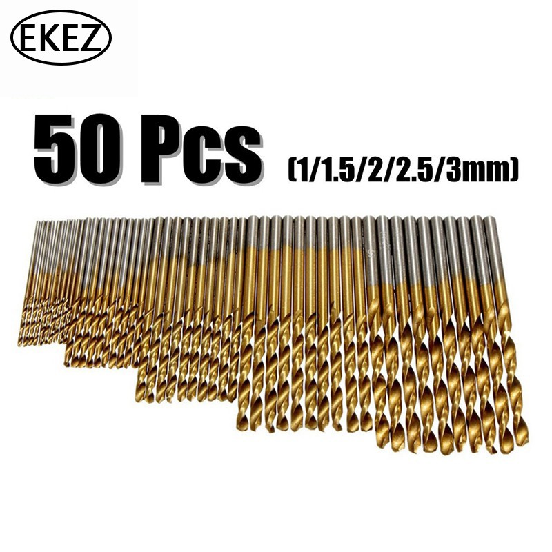 EKEZ Bộ 50 Mũi Khoan HSS Bằng Thép Mạ Bọc Titanium Kích Thước 1 / 1.5 / 2 / 2.5 / 3mm