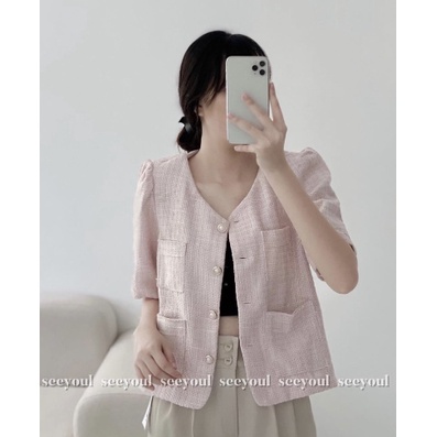 Áo dạ Hồng/Trắng cộc tay cúc ngọc sang chảnh mùa thu đông