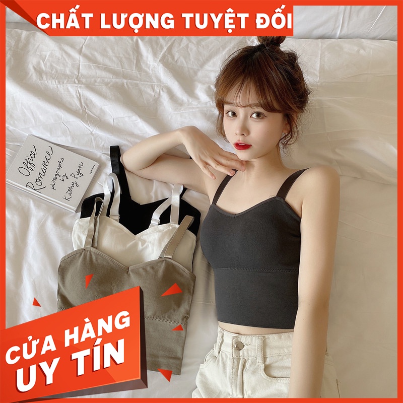 Áo bra nữ cotton tăm 2 dây bản to form dài tôn dáng