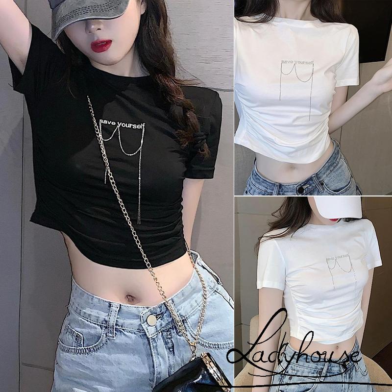 Áo Thun Tay Ngắn Cổ Tròn In Chữ Đính Đá Thời Trang Mùa Hè Dành Cho Nữ