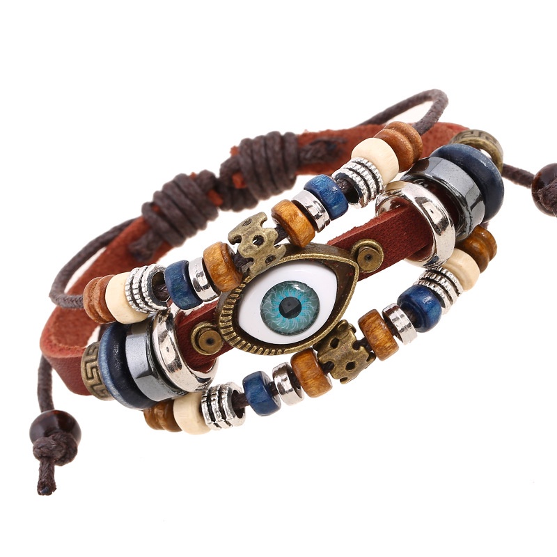 Vòng tay da bò đính cườm Evil eye  phong cách châu Âu