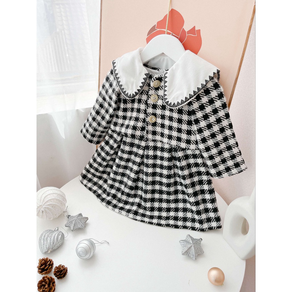 Set váy đầm thiết kế xòe công chúa mùa xuân xinh xắn cho bé gái 10-22kg chất liệu dạ len kẻ caro cao cấp A03