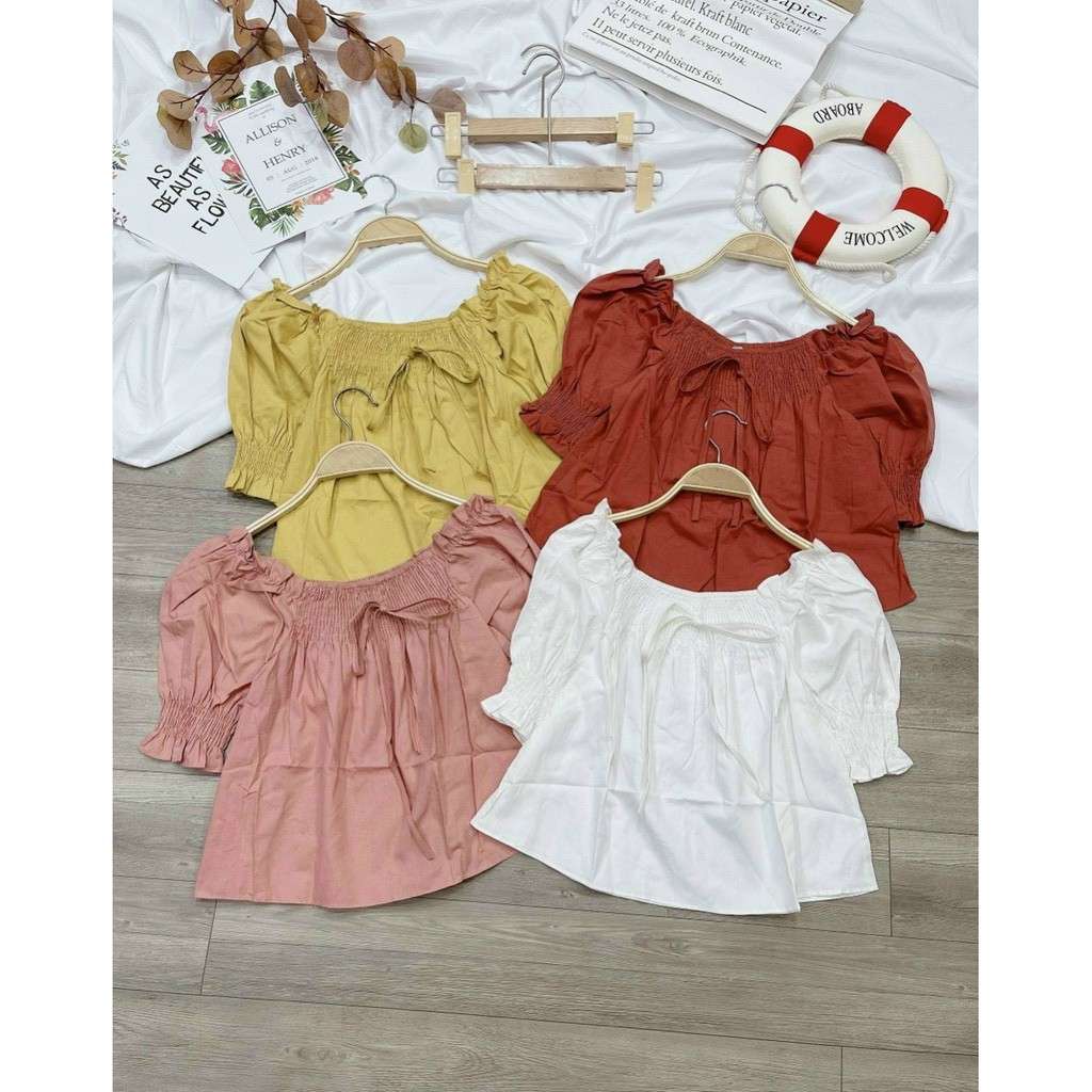 Áo voan nhún cổ vuông tay ngắn phối nơ trước nhún sau stype TTSLA0545