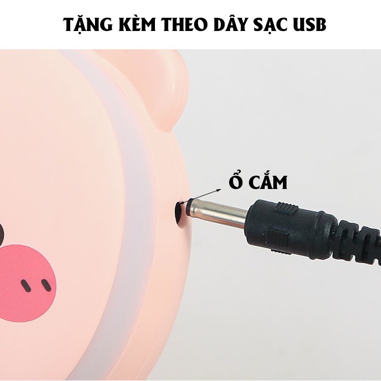 Gương Trang Điểm Mini Bỏ Túi Có Đèn Led Và Quạt Make Up Trang Điểm Dễ Thương Hình Heo Màu Hồng!