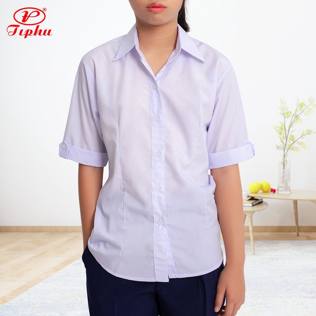 Áo sơ mi trắng cho bé gái tay lỡ, chất liệu KT silk mềm mướt, đồng phục học sinh các cấp, form cơ bản