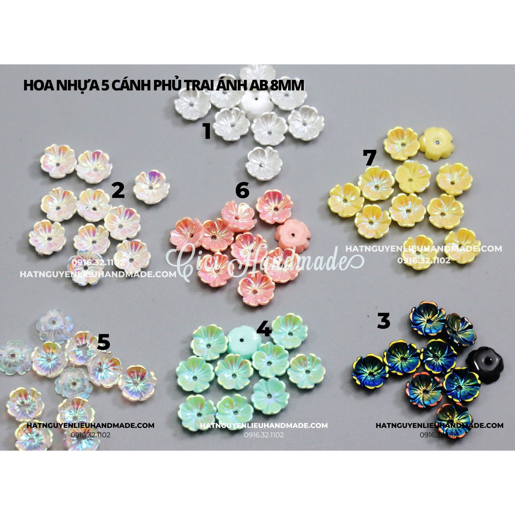 Túi 20 hạt hoa nhựa 5 cánh phủ trai ánh AB size 8mm - 1cm nguyên liệu hoa tai DIY Cici Handmade hạt cườm hạt đá kim sa