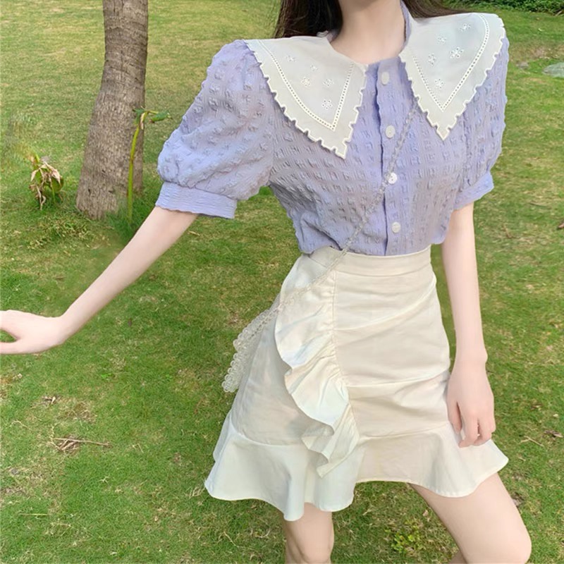 MS257 Áo sơ mi nữ cộc tay dập nổi cổ tam giác
