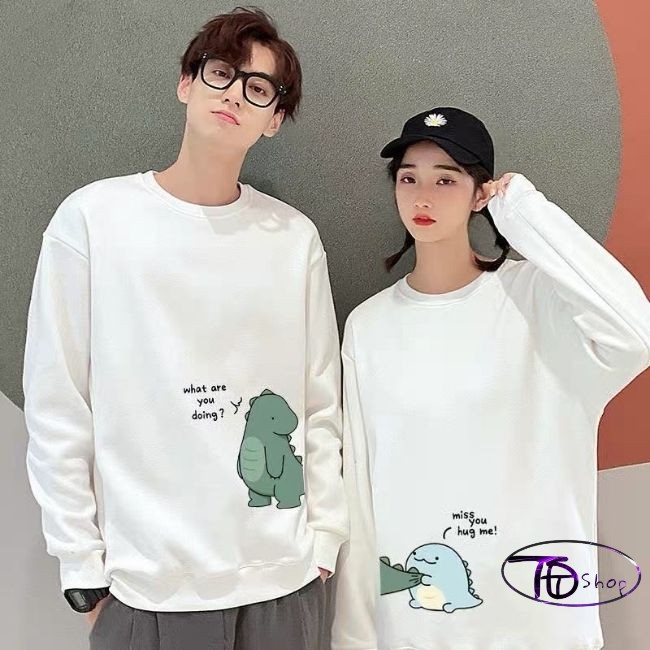 Áo Nỉ ⚜️ Áo Cặp⚜️ Đồ Đôi Nỉ Bông tay dài cổ tròn tình yêu khủng long Hot 2020 Cao cấp loại 1 | BigBuy360 - bigbuy360.vn