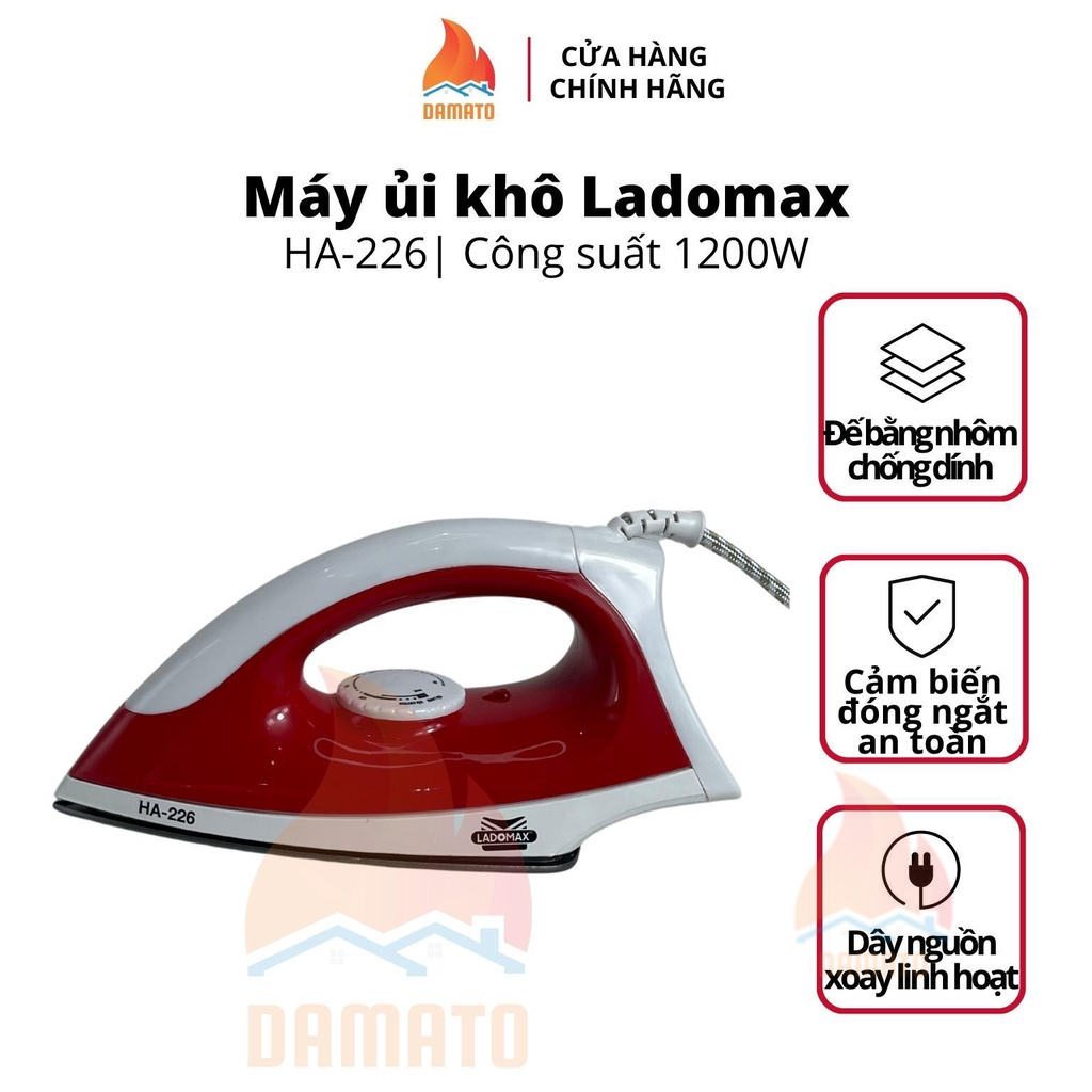 Bàn ủi điện Ladomax HA-226 công suất 1200W, bàn là khô đế nhôm chống dính