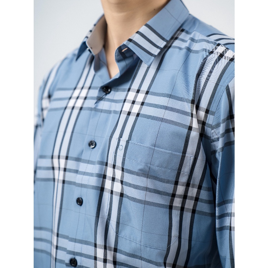 Áo sơ mi nam dài tay OWEN AR220053DT somi công sở vải sợi tre cao cấp màu kẻ caro xanh tà lượn dáng suông có túi