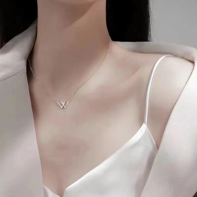 Vòng cổ bạc mặt chữ W thiết kế đơn giản phong cách Hàn Quốc cho nữ