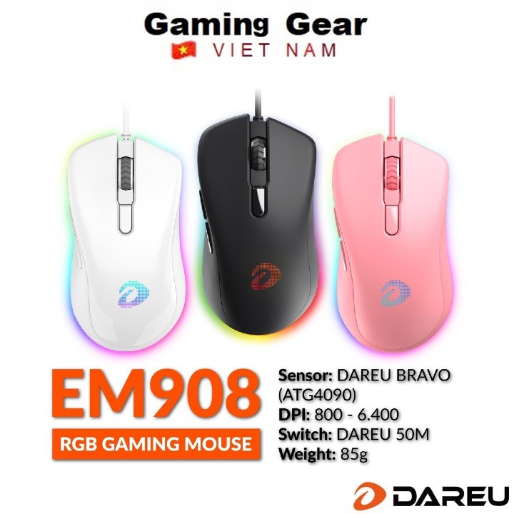 Chuột Gaming Dareu EM908 Đen / Hồng / Trắng ( LED RGB , DPI: 800-6400 )