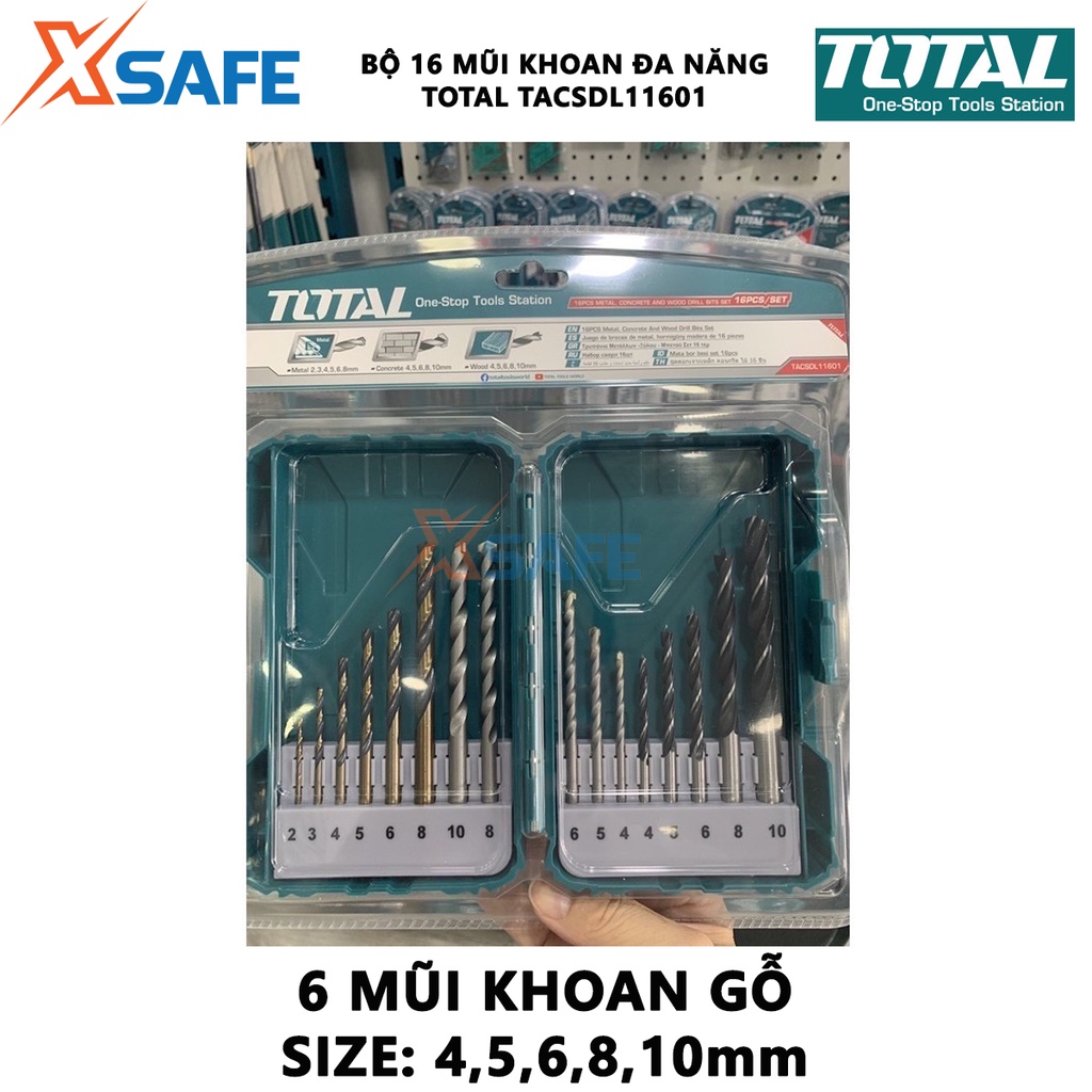 Bộ 16 mũi khoan bê tông/gỗ/sắt thép TOTAL TACSDL11601 Combo 16 mũi khoan đa năng bao gồm 6 mũi khoan