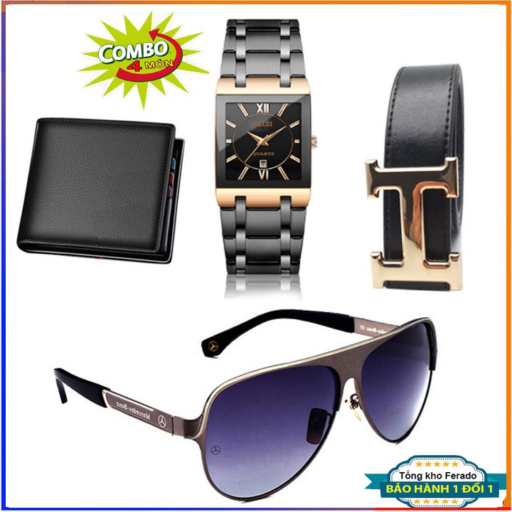 Đồng hồ nam Sandas vàng kèm ví da nam, kính mắt chống UV và dây thắt lưng da | BigBuy360 - bigbuy360.vn