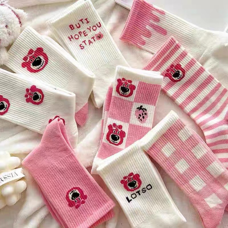 Vớ cổ cao KAKA hoạt hình LOTSO Bear màu hồng họa tiết dễ thương cho nữ
