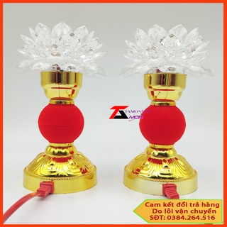 Đèn thờ hoa sen thờ cúng, thân đèn gắn cầu tròn tài lộc, trang trí tủ thờ, bàn ông địa, thần tài,