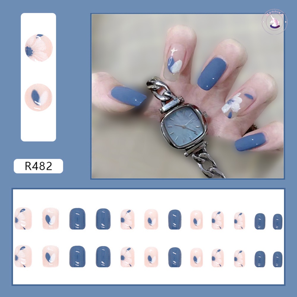 Bộ 24 Móng Tay Giả Màu Xanh Dương Bóng Trang Trí Hoa Thời Trang Pháp Cho Nữ