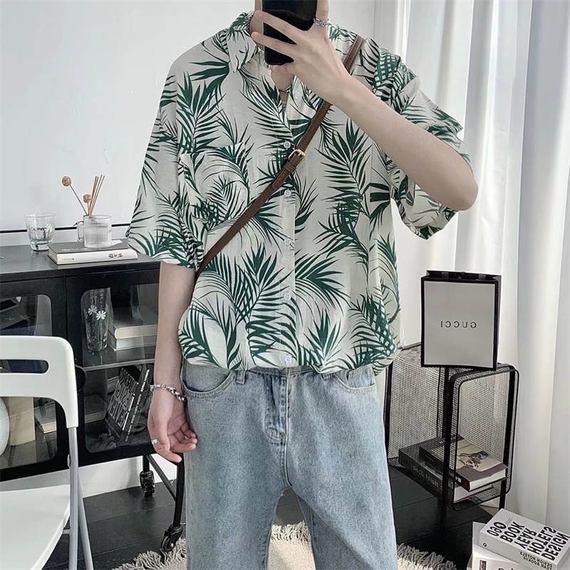 Áo Sơ Mi Ngắn Tay In Họa Tiết Lá Cây Thời Trang Dành Cho Nam