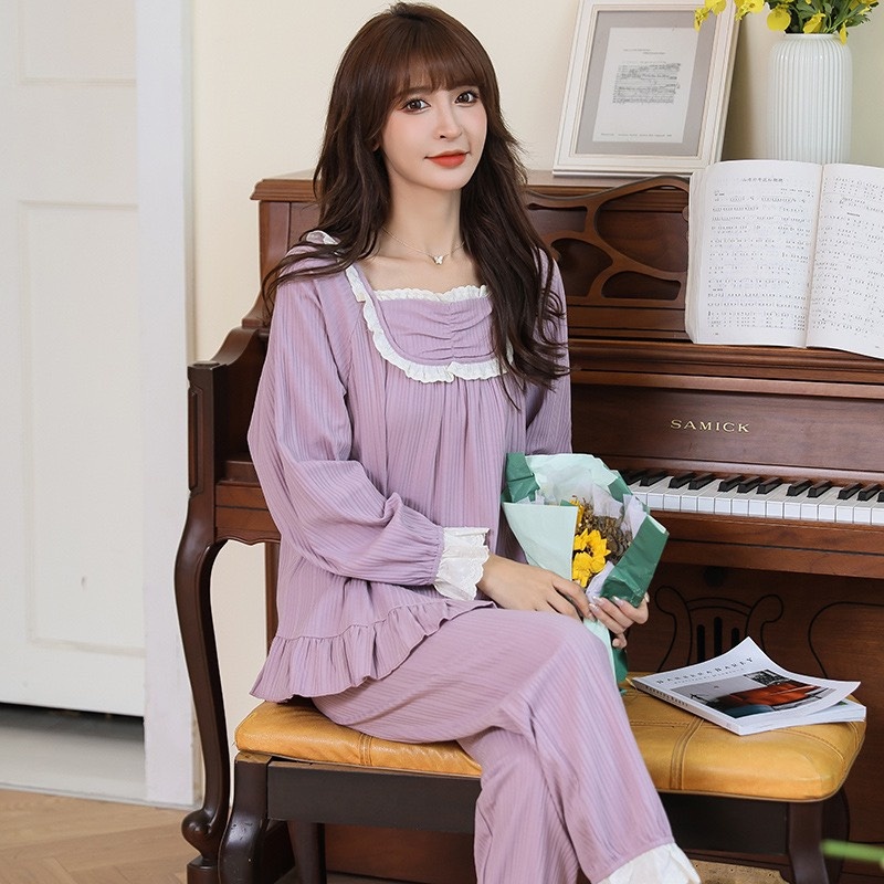 Đồ bộ ngủ nữ dài tay cute kèm bèo chất cotton quảng châu | BigBuy360 - bigbuy360.vn