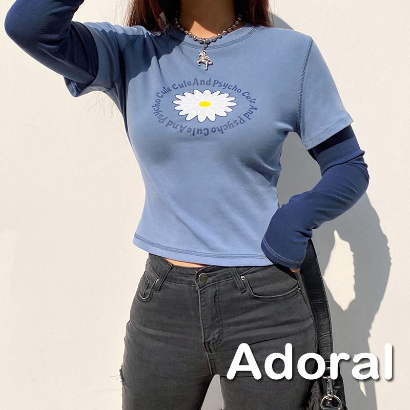 CCCT-Women Casual Long Sleeve T-shirt, Blue Round Collar Letters and Floral Printed Pattern Tops