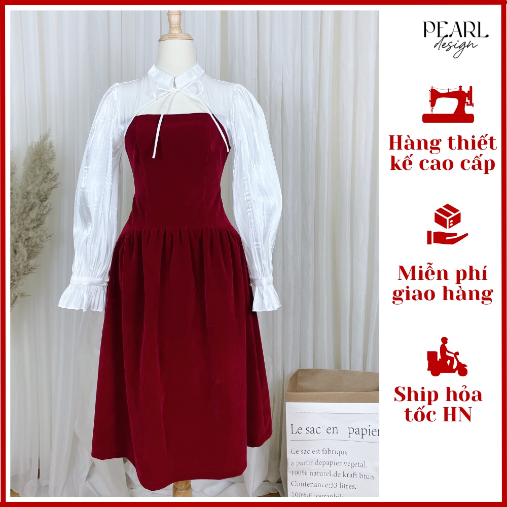 Đầm đỏ nhung tiệc đám cưới đẹp chiết eo tay bồng tiểu thư sang chảnh cao cấp Pearl Design 112102
