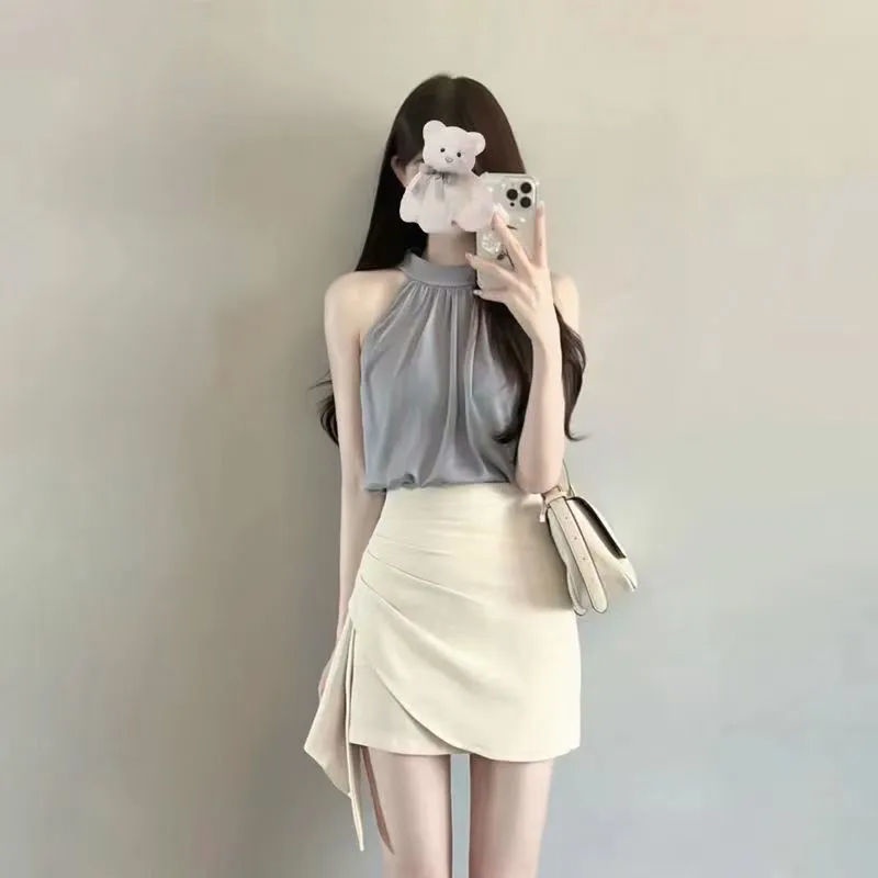 Váy dài  chân váy xếp ly  Bộ Áo Hai Dây Phối Chân Váy Ngắn Phong Cách Pháp Cổ Điển Thời Trang Mùa Hè Hàng Mới