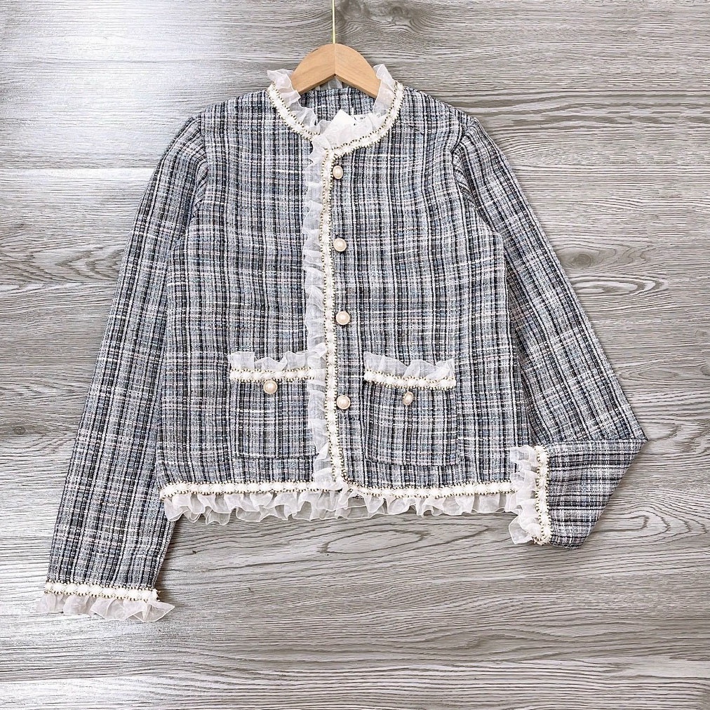 Áo Khoác Dạ Tweed Lửng Viền Bèo Nút Gài Tay Dài 2 Túi Dáng Rộng 60kg Trở Lại Cao Cấp Ulzzang