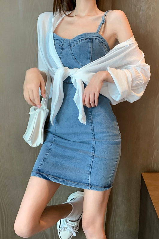 Đầm Denim Hai Dây Cổ Chữ V Thời Trang Mùa Hè Quyến Rũ Cho Nữ