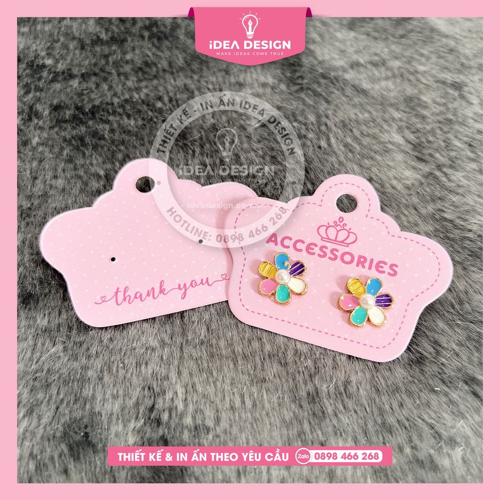 Thẻ treo bông tai, tag treo trang sức, Thẻ gắn hoa tai hình VƯƠNG MIỆN màu hồng - Size 5x6cm - Giấy C300 - iDea Design