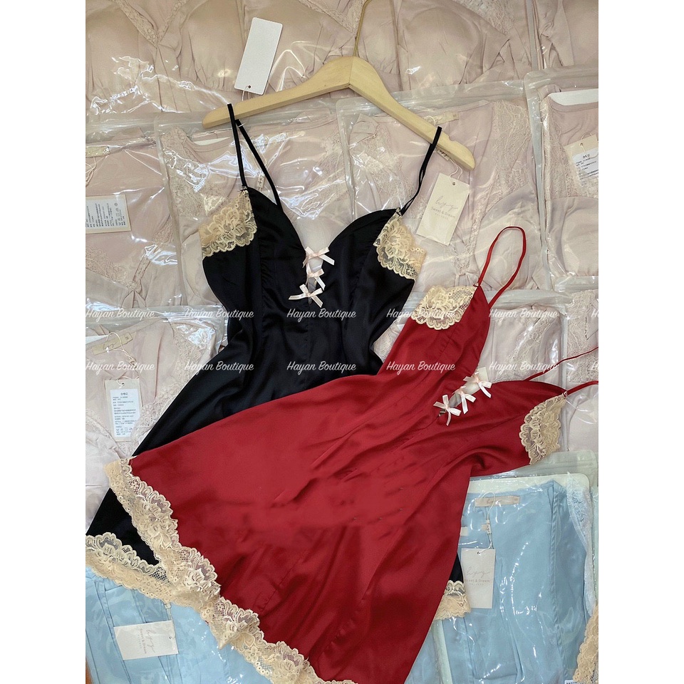 HT84 Váy ngủ sexy dây đan lưng tặng CHÍP, đồ ngủ lụa xẻ ngực viền ren gợi cảm HT84
