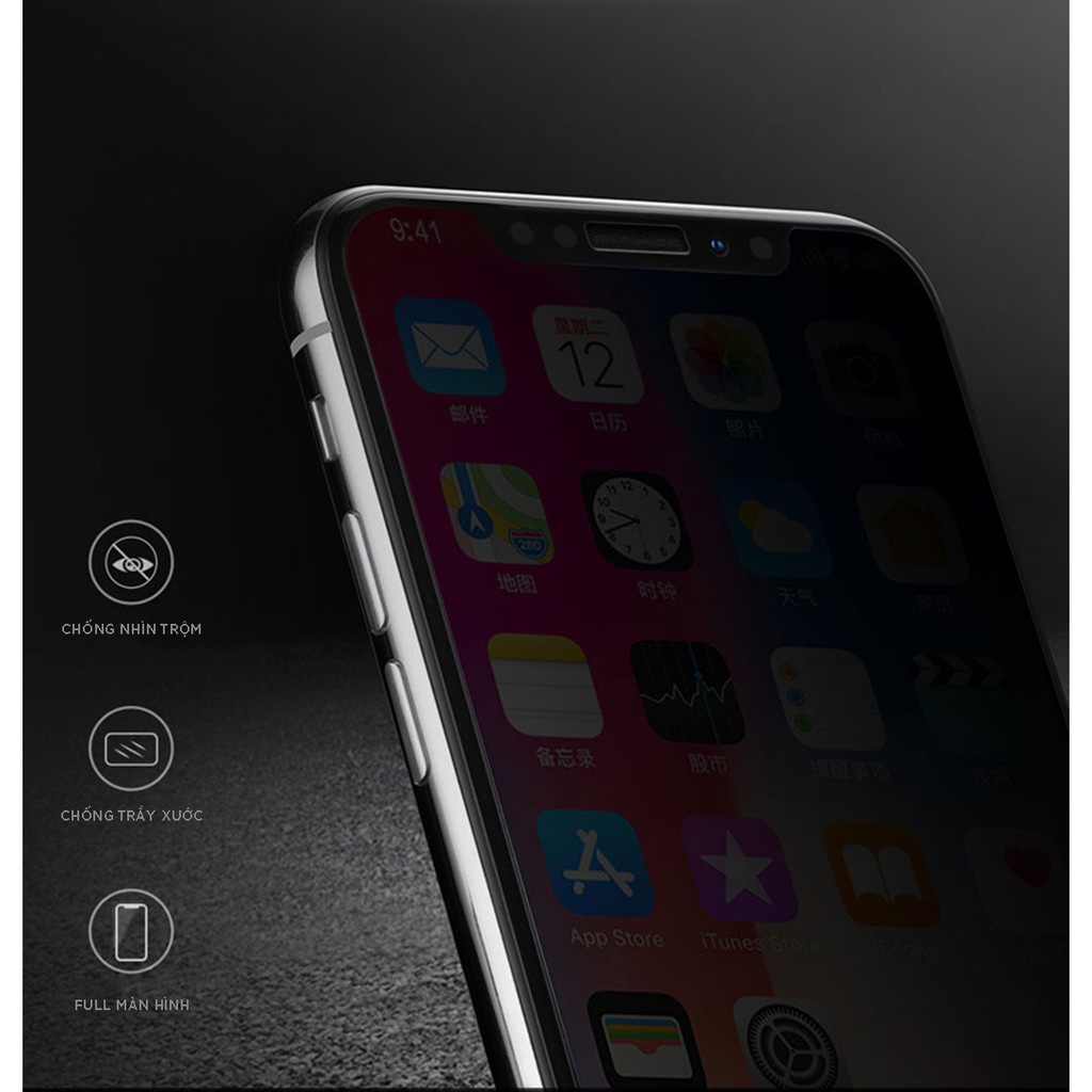 Kính cường lực chống nhìn trộm, kính chống trầy xước va đập full màn hình cho Iphone - Blue Store