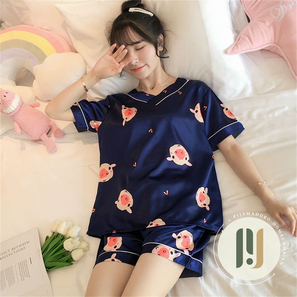 Đồ bộ pijama, bộ lụa cộc đùi cổ chữ V hoạ tiết hoạt hình | BigBuy360 - bigbuy360.vn